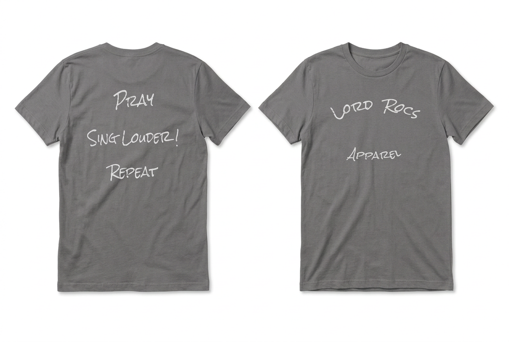 Front and back views of the Pray Sing Louder Repeat T-shirt in asphalt gray on a white background