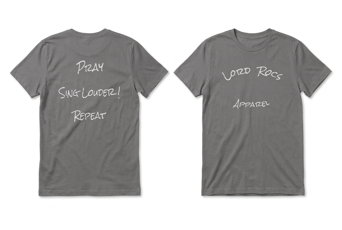 Front and back views of the Pray Sing Louder Repeat T-shirt in asphalt gray on a white background